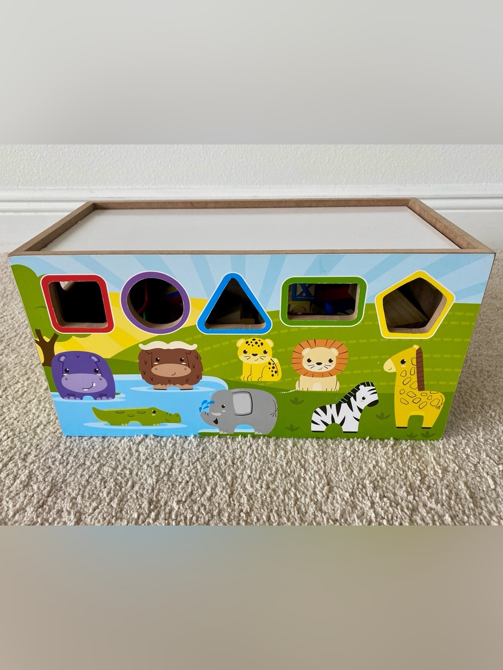 Wooden Safari Animal Shape Sorter Box with Blocks and Bead Maze